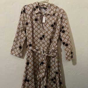 TALBOTS long sleeve buttoned down A-line dress with white daisy and black dots